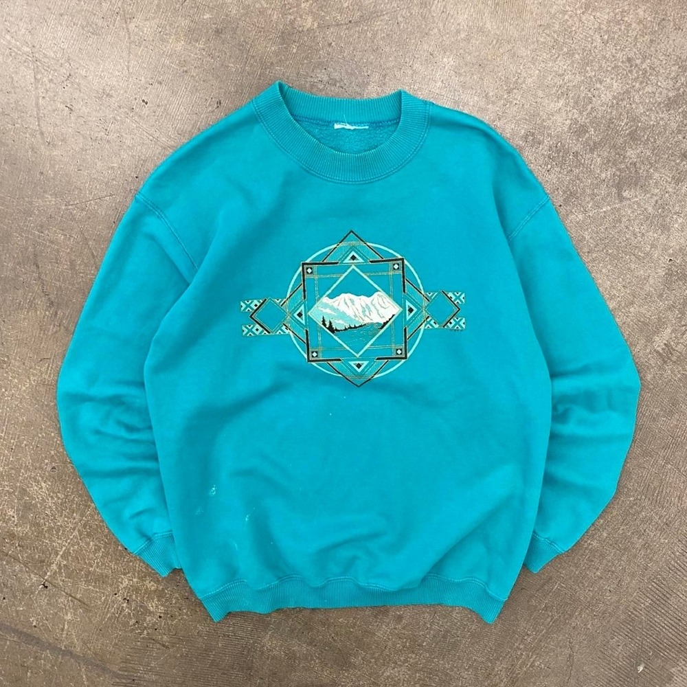 Vintage Nature Mountains Tribal Teal Sweatshirt Crewneck 90s Size Large